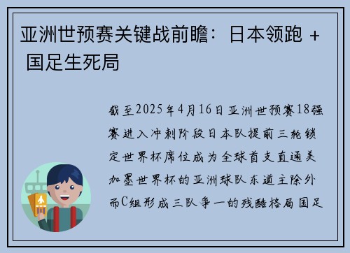 亚洲世预赛关键战前瞻：日本领跑 + 国足生死局